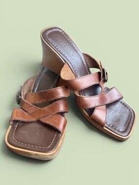 Vintage JESSICA Leather Wedge Wooden Sandals